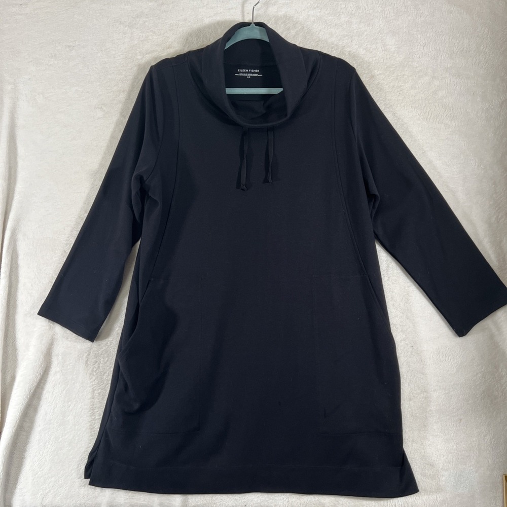 Eileen Fisher Womens L Black Organic Cotton Funnel Neck Sweatshirt Tunic Pockets